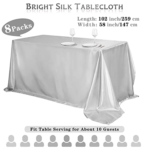 Turstin 8 Pack Wedding Banquet Satin Tablecloth Table Cover 58 X 102 Inches Rectangle Party Satin Tablecloth Bright Silk Dinner Smooth Fabric Tablecloth For Wedding Banquet Table Decor, Light Silver #TOP1