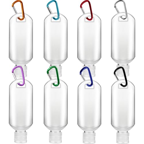 VHOPMORE 8 Pcs Travel Size Bottles with Keychain Hand Sanitizer Holder, 2 oz Portable Plastic Small Empty Bottles Leakproof Refillable Squeeze Containers for Backpack