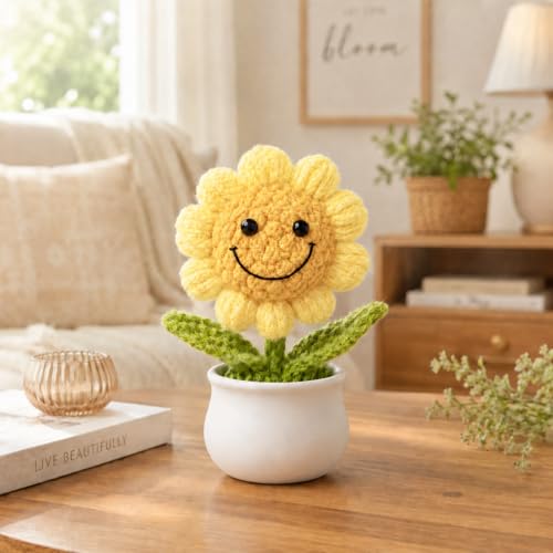 Image of 13CM Height Handmade Crochet Smiling Flower Pot for Home & Office Decor, Cute Aesthetic Desk Showpiece, Positive Vibes Table Decor, Thoughtful Gift for Friends & Loved Ones (Light Yellow)