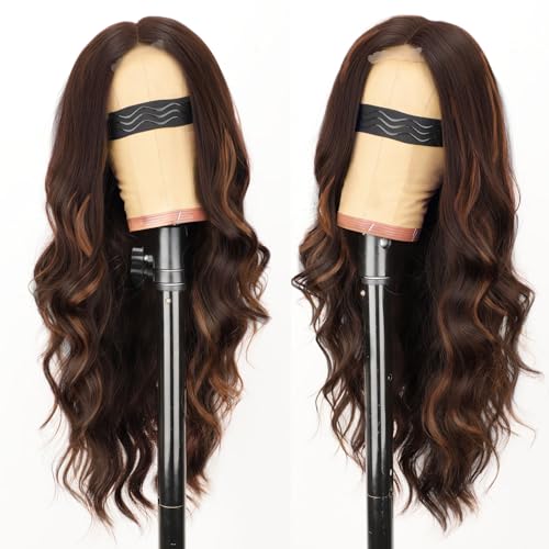 Image of AISI HAIR Chocolate Copper Brown Mixed Light Brown Wig for Women, Long Wavy Lace Hairline Middle Part Synthetic Heat Resistant Wig for Daily Party-26 Inch
