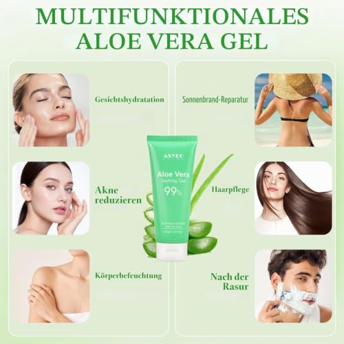 ASYBO 200 ML Aloe Vera Gel – 99% reine Bio-Aloe Vera Feuchtigkeitscreme für Gesicht und Körper (100ml x2) – Ansicht 6