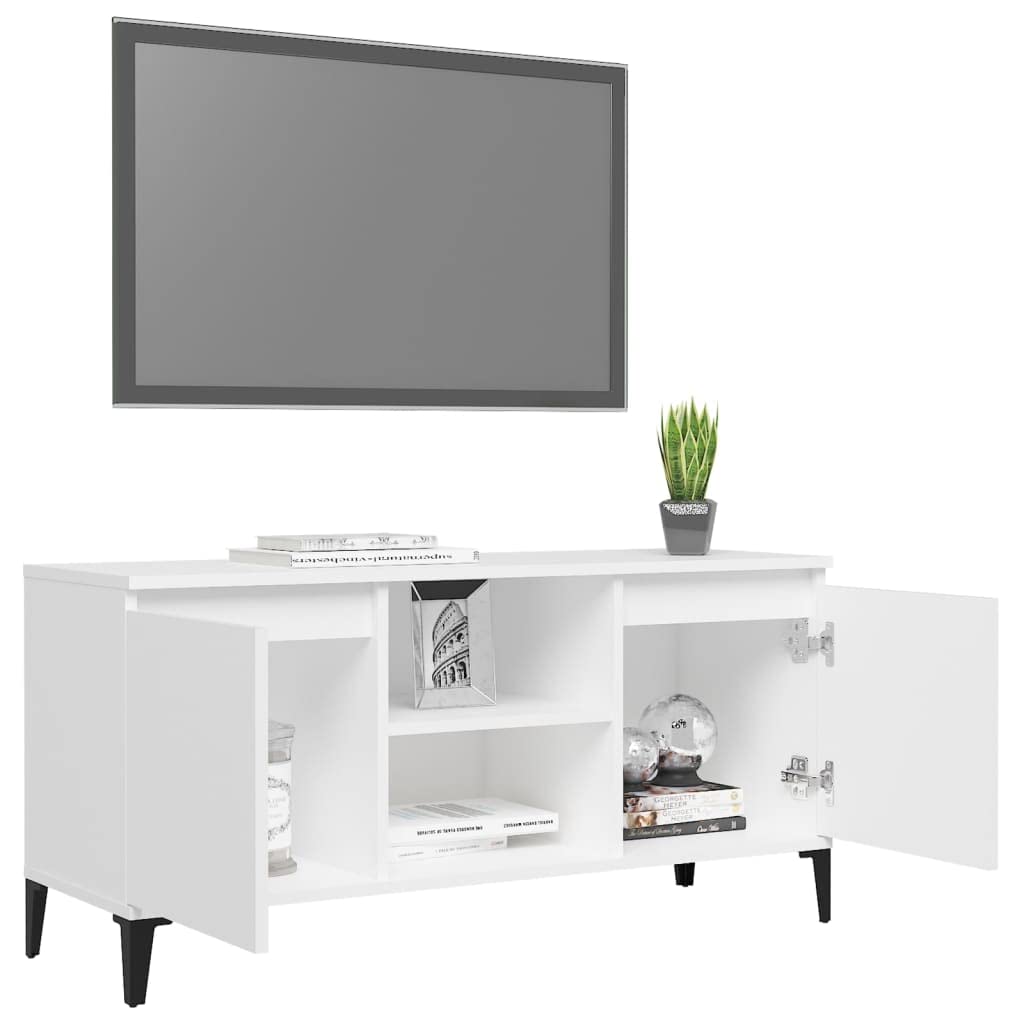 Mobile TV con gambe in metallo, bianco, 103,5 x 35 x 50 cm, mobile basso con 2 ripiani e 2 scomparti, credenza con vano portaoggetti, mobile moderno per soggiorno per gaming e home theatre