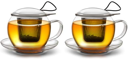 Creano Taza de té Jumbo con asa y colador de acero inoxidable integrado, tapa de cristal y platillo | 450ml Transparente…