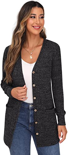 Grecerelle GC8021-C-DARK GRAY-L-FBA Long Cardigans For Women Long Sleeve Open Front Cardigan Lightweight Button Down Vee Neck Ribbed Knit Sweater Outerwear thumb #2