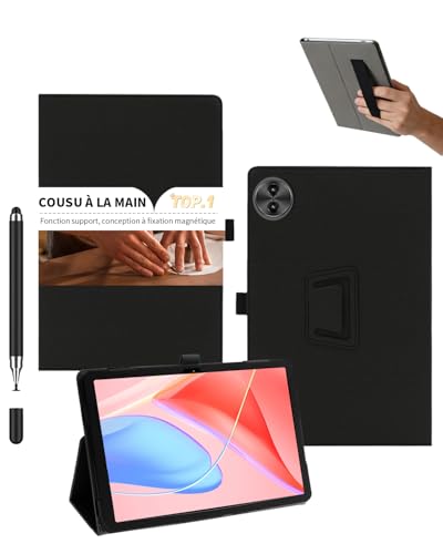 powfix Housse pour Blackview Mega 5 (12.2 Pouces) - Étui Ultra-Mince en Cuir PU avec Support Pliable, Porte-Stylet et Dragonne de Sécurité,Coque de Protection Intégrale Antichoc,Noir