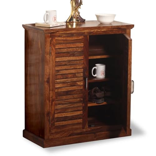Image of Solid Sheesham Wood Shoe Rack Wooden with 2 Doors | Multipurpose Shoe Rack Storage Cabinet Organizer Shoe Stand for Home, Office, Entryway, Hallway & Living Room, Bedroom | Natural Finish