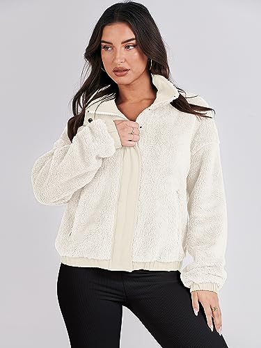 Anrabess Womens Fleece Jacket Casual Long Sleeve Cropped Sherpa Button Down Fuzzy Warm Coats Fall Outwear With Pockets Beige Small thumb #6