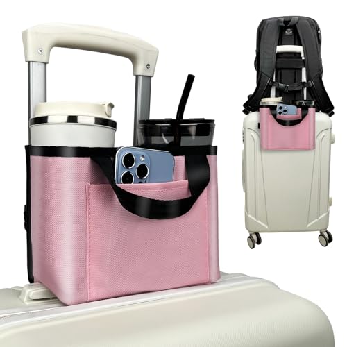 Image of Luggage Cup Holder for Suitcases - Free Hand Drink Carrier, Multifunctional Travel Cup Holder Fits Suitcase Handles, Travel Accessories (Pink)