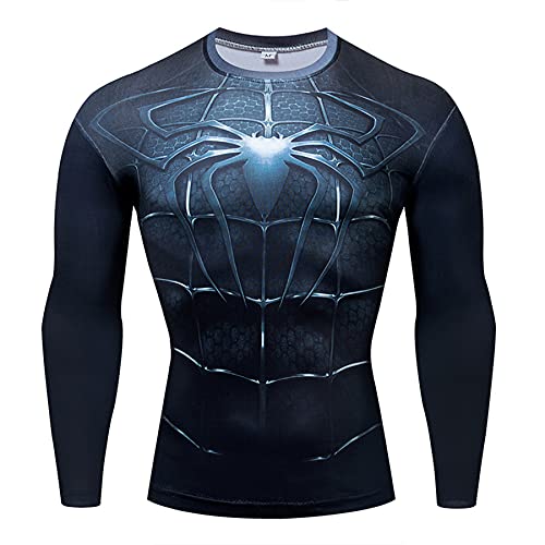 MYYLY Spiderman Hommes Compression Super-Héros À Manches Longues Sports Vêtements Séchage Rapide Gym Couche De Base Entraînement Fitness Chemise Thermique Sweat,Black-M (165~170CM)