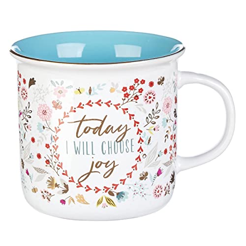 Today I Will Choose Joy Positive Message Encouraging Cute Mug for Women Floral Design Blue/White Ceramic Cup for Coffee/Tea, Metallic Gold Accent, 12oz