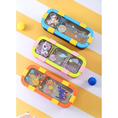 Image of Kids Lunch Box with 3 Compartments | 500ml Astronaut Cartoon Print Stainless Steel Bento Box for School | Leak-Resistant, BPA-Free Food Container Tiffin for Boys & Girls - Blue