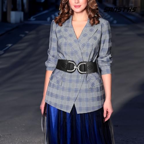 SANSTHS Vintage Women Stretchy Wide Belt Chunky Buckle Elastic Wide Waist Belts for Dresses Coats