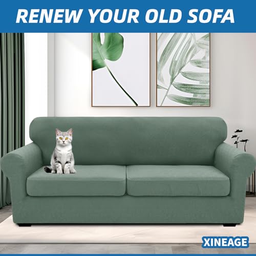 XINEAGE New 3 Pieces Couch Covers for 2 Extra Large Cushion Sofa Super Stretch Sofa Cover for 2 Large Seat Universal Loveseat Slip Cover for Living Room (Pea Green), 71"-91"(2 Cushions)