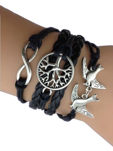 HL-S New Fashion Lady Life Tree Eight Words Birds Bracelets Retro Knit Handmade Rope Bracelet Black