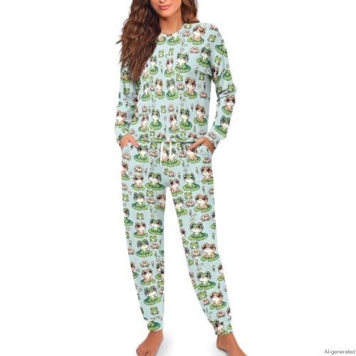 Image of Women's 2 Piece Printed Pajama Set Long Sleeve Sleepwear Set with Long Pants Casual Lounge Sets with Pocket