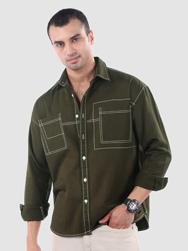 Image of Beyoung Cotton Contrast Stitch Relaxed Fit Shirt for Men | Dual Pockets | Full Sleeves | Casual Shirt