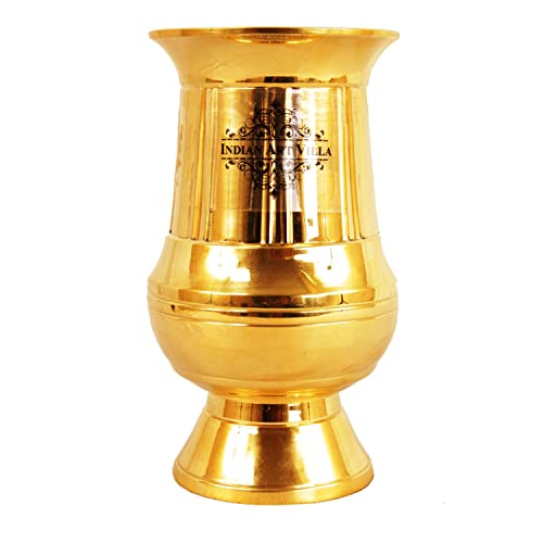 Image of INDIAN ART VILLA Brass Glass Tumbler, Lining Goblet Design, 200 ML, Drinking and Serving Water, Yoga and Ayurveda, 1 Piece