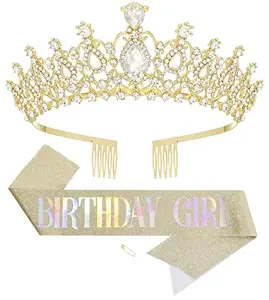 Birthday Tiara and Crown with Sash for Women, Hair Accessories for Wedding Party Costume (B - Gold)