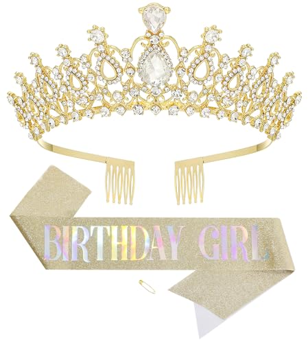 Birthday Tiara and Crown with Sash for Women, Hair Accessories for Wedding Party Costume (B - Gold)