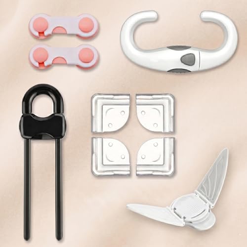 Image of Safe-O-Kid Cabinet Safety Kit | 1 U-Shaped Door Lock, 1 Butterfly Window Lock, 2 Smiley-End Safety Locks, 4 Smiley Corner Protectors & 1 C-Shaped Cupboard Lock | Baby Proofing for Home | Assorted