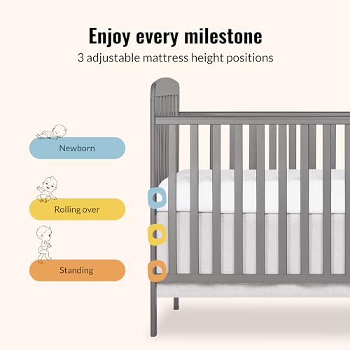 Dream On Me Anna 3-in-1 Convertible Full-Size Baby Crib & Changer with Storage in Steel Grey, GreenGuard Gold & JPMA, Pinewood, Converts to Day & Toddler Bed, 3 Mattress Heights, 1″ Changing Pad