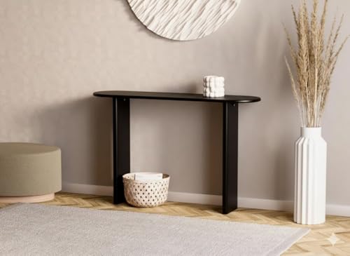 Image of Furniture Modern Solid Wood Console Table with Rounded Edges, Natural Finish, Minimalist Scandinavian Style Entryway Furniture (Style 1, Black, 140x30x80 cm)