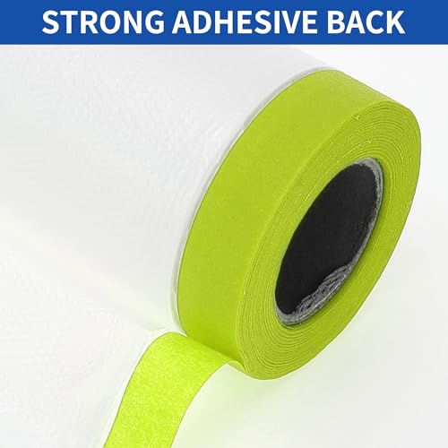 Image of ACROPIX Masking Paper with Tape Pre-Taped Paper Film Kit with 3 Rolls of Tape 2000x55cm / 65.62ftx21.65 inch White Green PE Film Paper