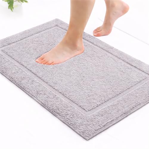 Image of Premium Combed Cotton Tufted Bathmat 45 x 65 cm, 1800 GSM Soft Absorbent Anti Skid Bathroom Floor Mat with Latex Backing, Quick Dry Non Slip Bath Rug for Daily Use, Race Track Silver