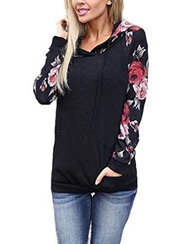 TEMOFON Womens Floral Hoodies Long Sleeve Drawstring Casual Sweatshirts Pullover Tops with Pockets Black XL