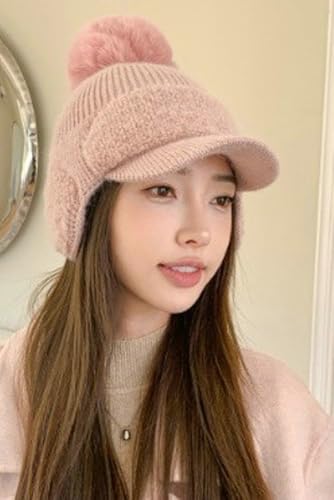 Women Winter Warm Knitted Hats Trendy Thick Visor Cap Coldproof Ski Hat Ear Protection Pompom3