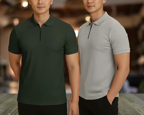 Image of MACK JONNEY Men's Cotton Self Design Polo T-Shirts | Front Half Zipper | Pack of 2 | Multicolour