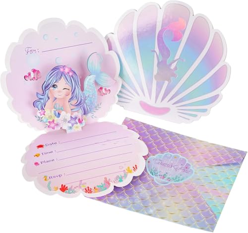 AerWo 24 PCS Mermaid Birthday Invitations Girl with Envelopes, Stereoscopic Exquisite Kids Birthday Party Invitations Mermaid Party Supplies, Little Mermaid Under the Sea Party Decorations