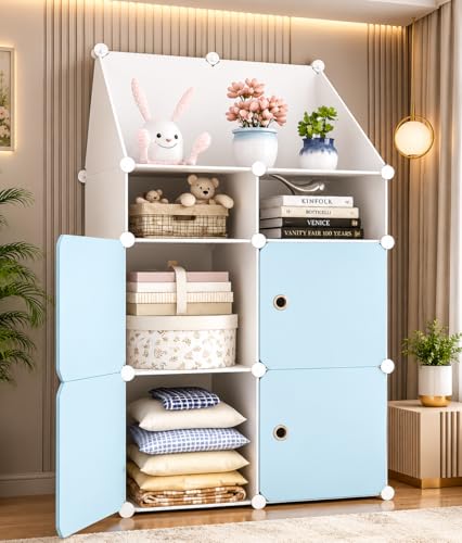 Image of Plastic Wardrobe for Kids Clothes - 4 Door Foldable Cupboard for Bedroom, Baby Clothes Storage Almirah with Doors, Collapsible Wardrobe Kids for Home (S5 Blue)
