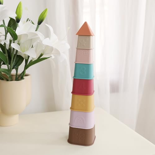 Yiveko BY2403 Baby Stacking Cups Toy, Silicone Baby Stacking Tower, Silicone Soft Teething Toy Educational Baby Toys, Baby Building Toys Blocks, 6 Months+, 8 Pcs Set-Vintage thumb #5