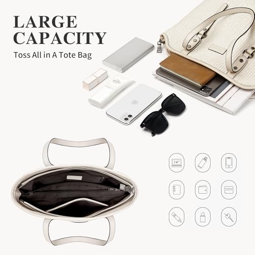 Image of Tote Bag for Women,Large Capacity Straw&Vegan Leather Tote Purses for Women,Shoulder Bags For Daily Travel Work Beach