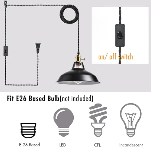 Image of YUBOLE Industrial Plug in Pendant Light, Black Farmhouse Barn Light