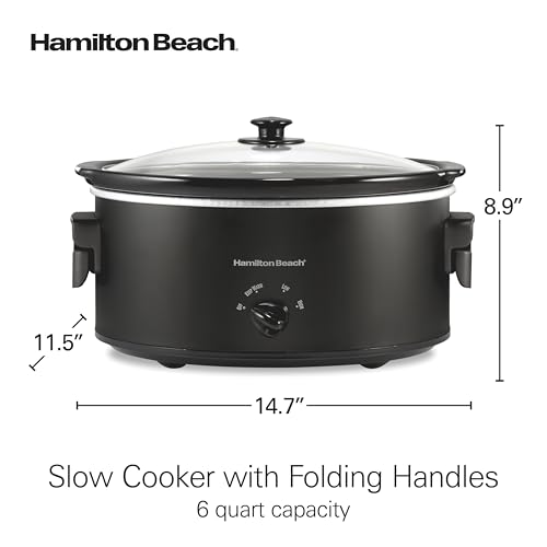 Hamilton Beach 6 Quart Slow Cooker with Space-Saving Folding Handles, 3 Heat Settings, Dishwasher Safe Stoneware Crock and Glass Lid, Black (33664)