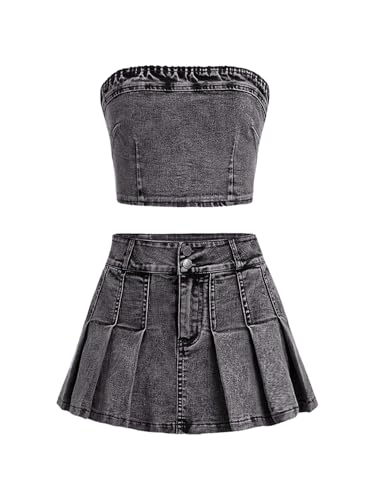 Image of WDIRARA Girl's Y2K 2 Piece Outfits Bandeau Tube Tops Jeans Denim Sets A Line Pleated Mini Skirt Set