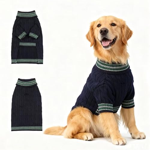 Image of Small /Medium Dog Sweater, Warm Dog Winter Coat w /Sleeves, Comfortable High Neck & Leash Hole, Premium Dog Clothes for Golden Retriever-Best for Holidays, Daily Walks XXL Blue