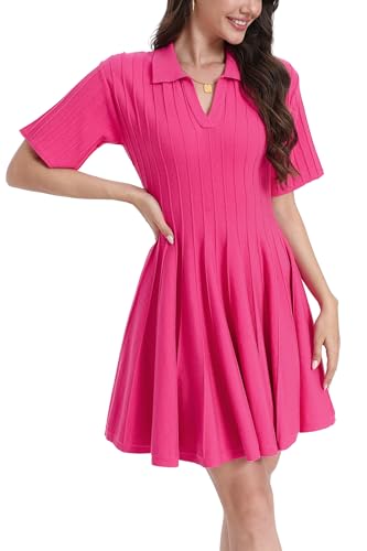 D-Sun Women V Neck Sweater Mini Dress Short Sleeve Knit Collared Ribbed Bodycon A-Line Elegant Short Swing Dress