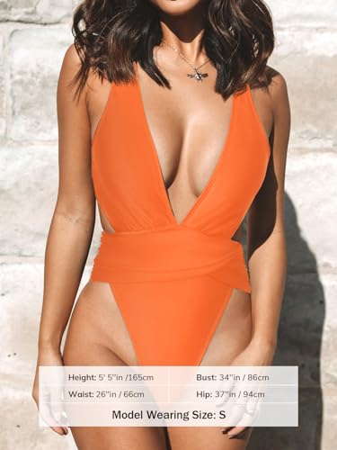 Image of CUPSHE One Piece Swimsuit for Women Bathing Suit Cut Out Cross Back Tie Deep V Neck Ruched High Cut