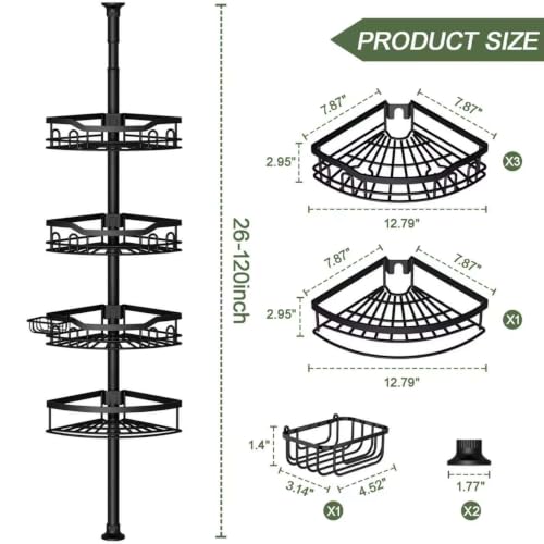 Clothink Corner Shower Caddy Tension Pole 4 Tier Stainless Steel Bathroom Organizer Shelves for Inside Shower Bathtub Shampoo Storage,26 to 120 Adjustable Standing Rack with Towel Rack - Image 7
