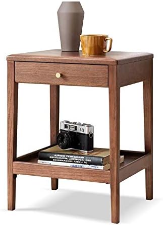 Telephone Table, Side Table with Drawer,Solid Wood Nightstand,Sofa Telephone Tables,Small Living Room Coffee Table,Double-Layer Storage,Walnut Color
