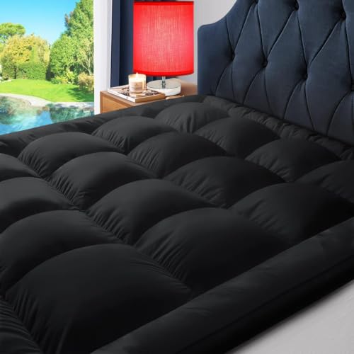 Image of ELEMUSE 1300gsm College Dorm Twin XL Extra Thick Mattress Topper | Overfilled PillowTop with Baffle Box Design, Hand Made 400TC Cotton Pad Cover,Plush Support Snow Down Alternative,Black