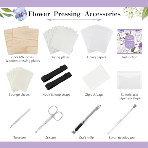 Auihiay Flower Press Kit with Instructions, 6 Layers 6.3 x 6.3 inches Flower Preservation Kit, Wood Flower Press Kit for Adults Kids to Make Dried Plant, DIY Flower Press Book