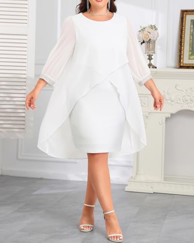 Image of Talisea Plus Size Cocktail Dress - Elegant Chiffon Cape 3 /4 Sleeves Glitter Evening Party Wedding Guest Dresses Women Formal