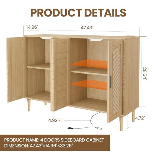 Rattan Buffet Cabinet with Storage,Sideboard Cabinet with 4 Doors and Adjustable Shelves, Console Coffee Bar with Charging Station, Boho Wood Cupboard for Kitchen, Livingroom and Dining Room,Entryway