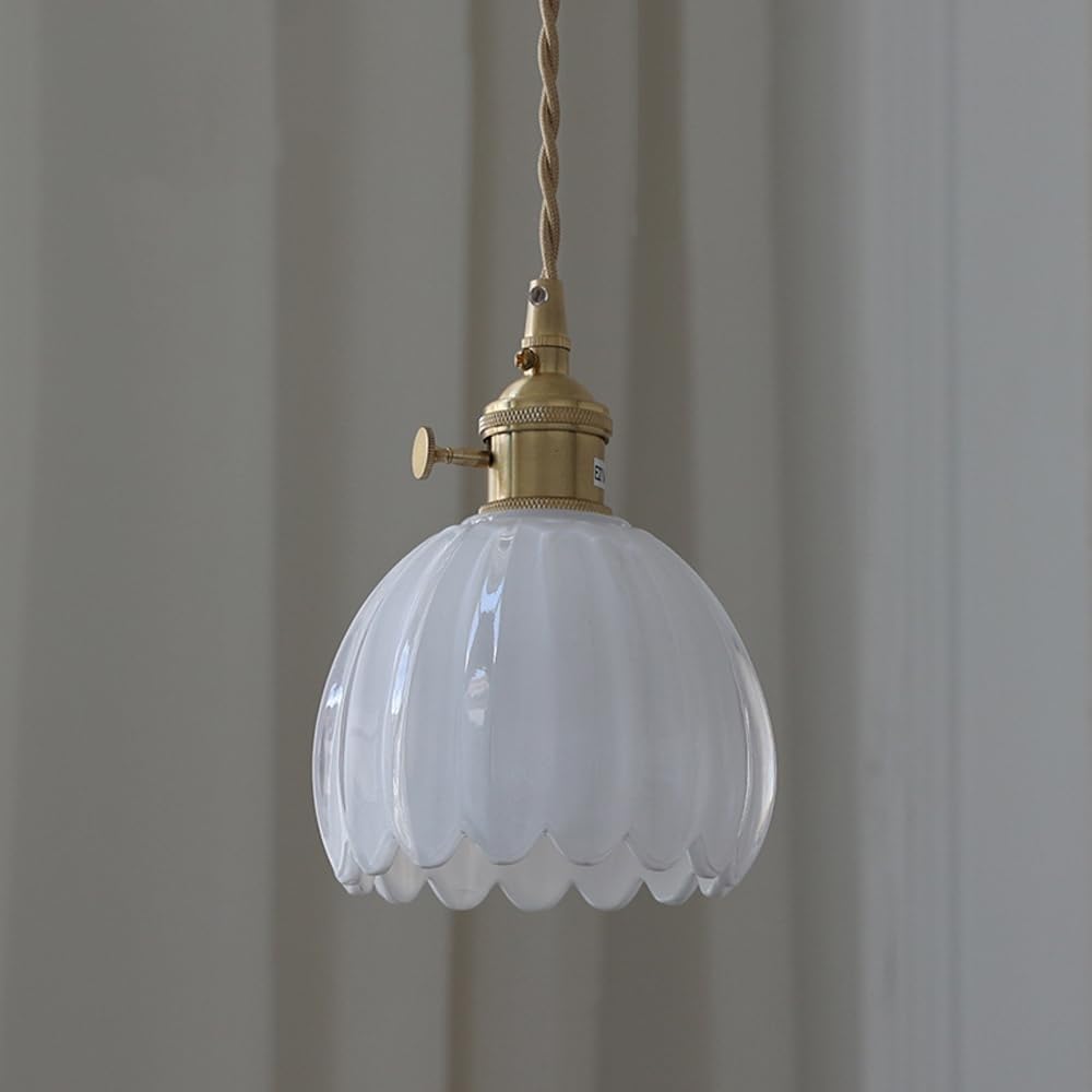FEITENGDA Modern Nordic Tulips Glass Pendant Light Brass Socket Flower Shaped Pendant Light with Rotary Switch Adjustable Cord Chandelier for Kitchen Island Bedroom(White)