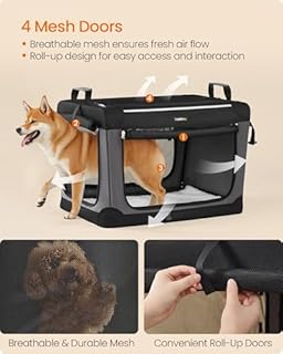 Feandrea Collapsible Dog Crate, Portable Pet Travel Crate for Medium Dogs, 76.2 x 53.4 x 53.4 cm, Oxford Fabric Pet Carrier with Mesh Doors, Storage Pocket, Ink Black PDC017B01