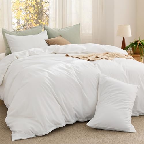 Image of Bedsure Comforter Set Queen Size - Cotton Fabric with Microfiber Inner Fill, White PureWoven Soft Bed Set for All Seasons, 3 Pieces, 1 Comforter (90 inch x 90 inch) and 2 Pillow Cases (20 inch x 26 inch)